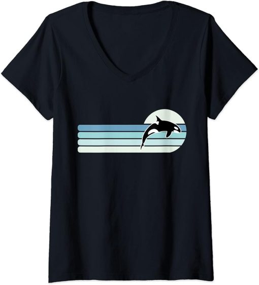 Womens Retro Whale Orca V-Neck T-Shirt