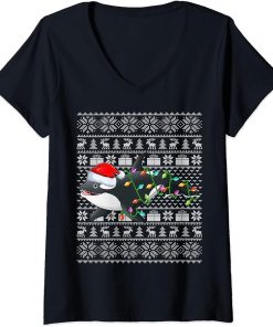 Womens Ugly Sweater Style Xmas Lights Santa Orca Christmas V-Neck T-Shirt