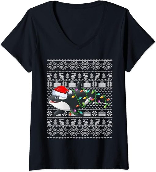 Womens Ugly Sweater Style Xmas Lights Santa Orca Christmas V-Neck T-Shirt