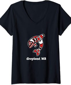 Womens Native American Grayland WA Tribal Orca Killer Whale V-Neck T-Shirt